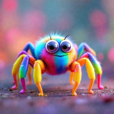 The primary subject of the image is a colorful, rainbow-colored spider with big eyes. The spider is standing on a dirt road, surrounded by a vibrant and lively environment. The visual style of the image is a combination of photo and digital art, creating a unique and eye-catching appearance. The colors and mood of the image are bright, cheerful, and playful, with the spider's big eyes adding a sense of humor and warmth to the scene.